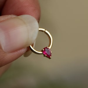 Op de afbeelding: Een goudkleurige septumring met een druppelvormige, dieprode edelsteen. De ring is cirkelvormig met een scharniersluiting en de edelsteen is aan de onderkant gezet. De sieraden worden getoond tegen een vage achtergrond.