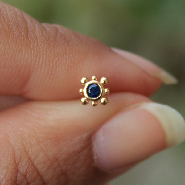 14k Solid Gold & Blue Sapphire Stud, Natural Sapphire Bezel Set Stud, 16g Threaded Flatback, Nose Lip Ear Cartilage Helix Tragus