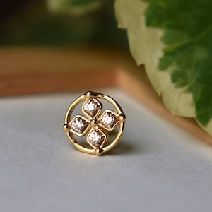Four Leaf Clover Stud, 14k 18k Solid Gold Natural Genuine Diamond Earring, Flower Stud for Daughter, Threaded Flatback 16g Everyday Earring