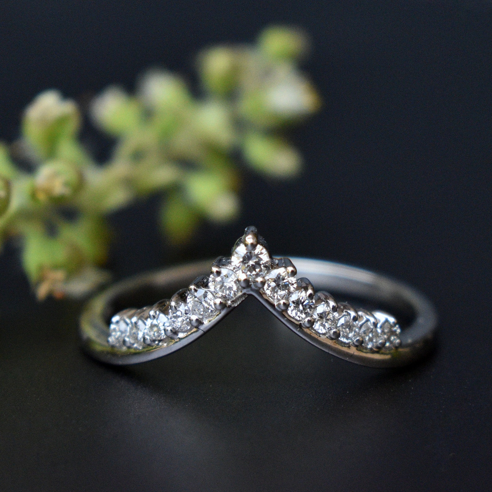 Diamond Chevron Tiara Ring 14K Gold Stack Wishbone Bridal V Etsy