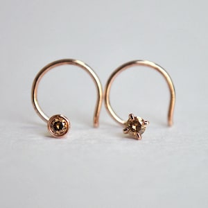 Natürliche Braun Diamant Ohrstecker in 14K Massiv Gold, Cognac/Champagner Diamant Flatback Twist Draht Bolzen, Nase Ohr Lippe Brauen Piercing DDP