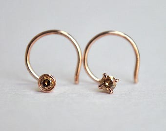 Natural Brown Diamond Stud in 14K Solid Gold, Cognac/Champagne Diamond Flatback Twist Wire Stud, Nose Ear Lip Brow Body Piercing DDP