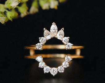 Diamond Ring Guard Enhancer for Oval Engagement Ring, 14k 18k Multi Diamond Halo Ring Wrap, Anniversary Gift for Her,Stack Wedding Bands DDP