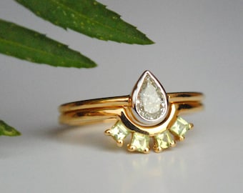 Pear Diamond Ring and Peridot Wedding Ring Set in 14K Gold, Green Peridot Square Band and Bezel Pear Diamond Ring Set