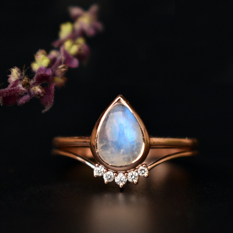 Rainbow Moonstone and Diamond Wedding Ring Set 14K Rose Gold | Etsy