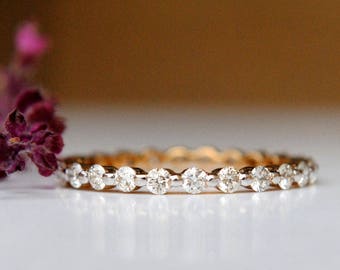 2mm volle Ewigkeit Naturdiamant Ehering, 14k 18k Solid Gold Gemeinsame Prong Diamantring, Verlobung Hochzeit stapelbarer Brautring