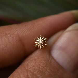 14k 18k Solid Gold Sun Stud, Natural Brown Diamond Sunrays Piercing Jewlery, 16g Threaded Flatback Labret Tragus Conch Philtrum Ear Stud