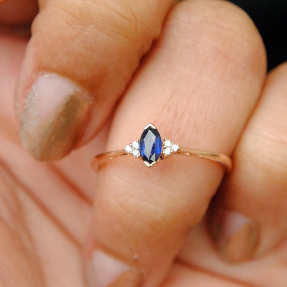 Baguette Cut Sapphire Wedding Ring in 14k or 18k Rose Gold Sapphire Engagement Ring Natural Gemstone Ring Blue Stone,September Birthstone