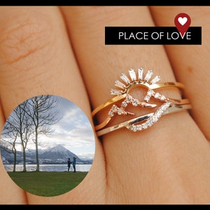 Sun Mountain River Nature Proposal Ring Stack, 14k 18k Solid Gold & Diamonds, 3 Ring Set, Your Place of Love, Proposal Engagement Wedding