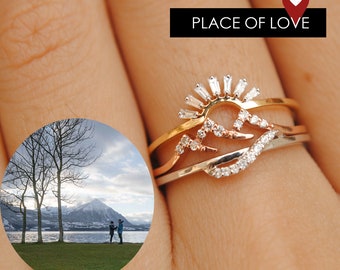 Your Place of Love, Sun Mountain River Nature Proposal Ring Stack, 3 Ring Set in 14k Solid Gold & Diamonds, Unique Surprise  Valentine Gift