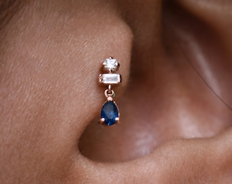 Natural Diamonds & Blue Sapphire Tiny Dangle Earring, 14k 18k Solid Gold Piercing Jewelry, Tragus Flat Conch Forward Helix Flatback Stud 16g