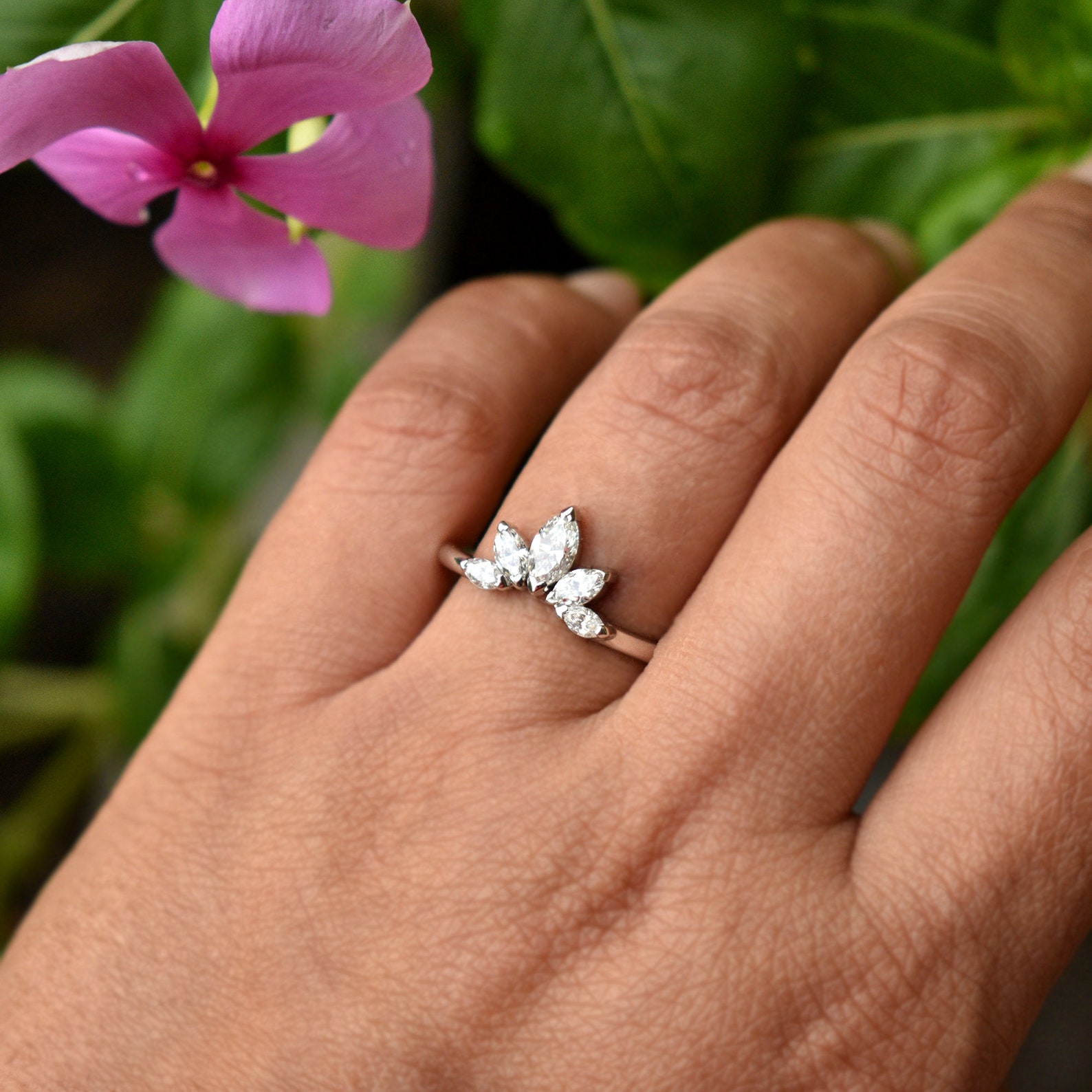 Curved Wedding Band With Marquise Cut Natural Diamonds in 14k Etsy