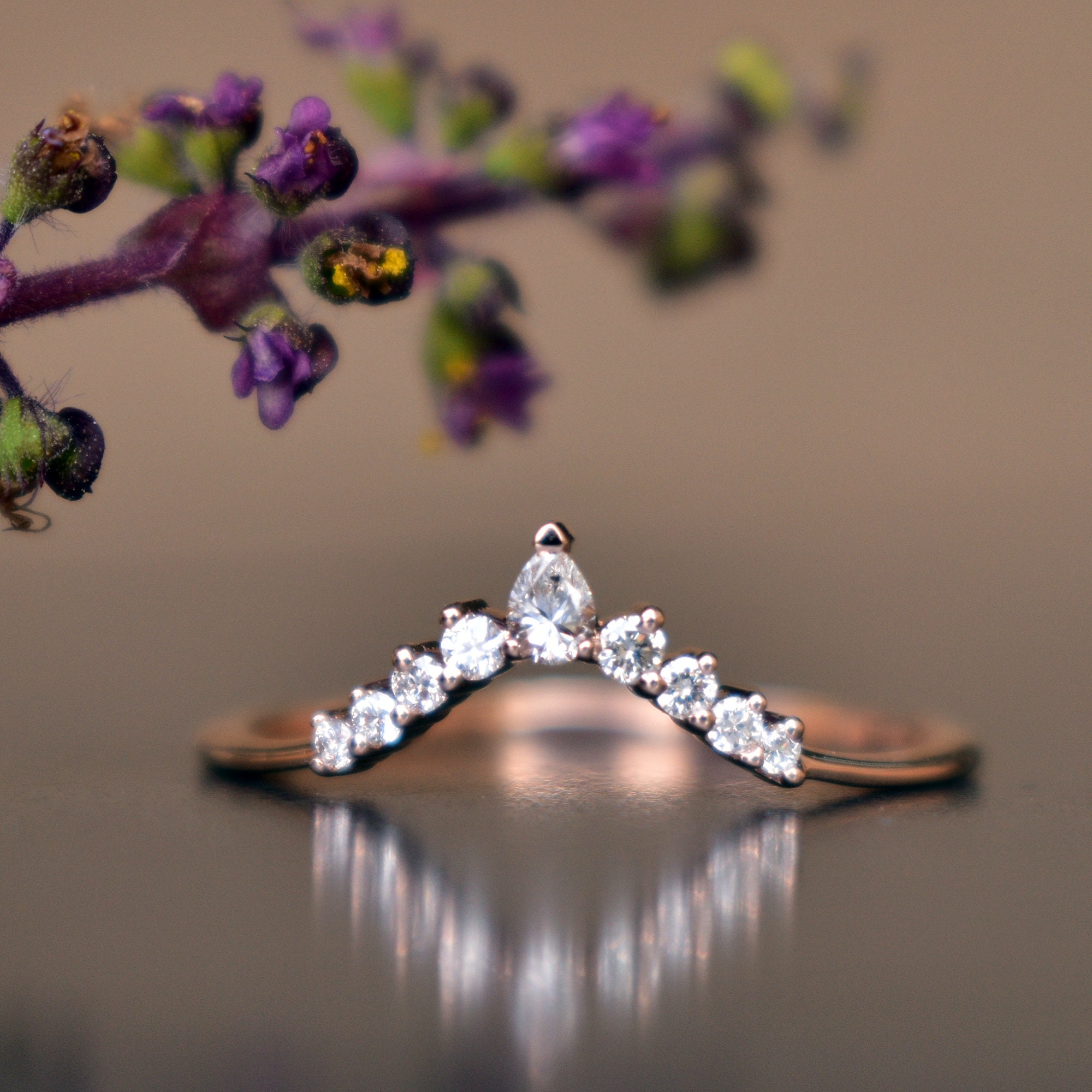 Curved Stack Wedding Band With Pear and Round Diamond in 14K Etsy UK