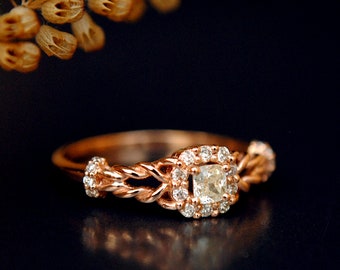 READY TO SHIP Sculptural Cushion Diamond Engagement Ring, Unique Intricate Halo Heirloom Ring, 14K Solid Rose Gold Art Nouveau Celtic Ring