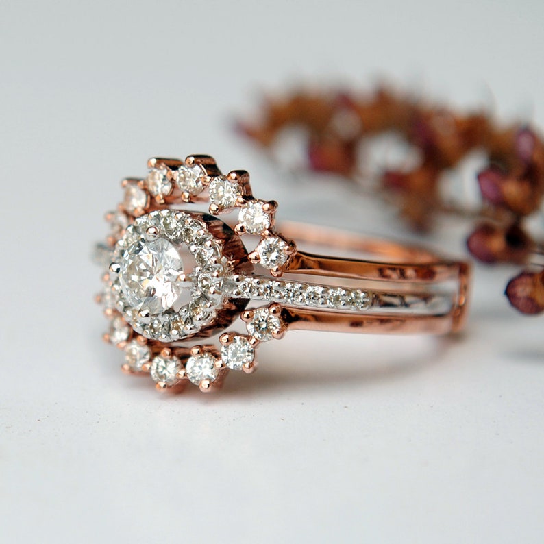 Round Diamond Halo Engagement Ring & Enhance Set 14k Solid Etsy