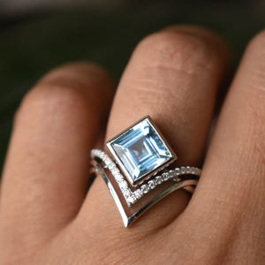 3pc Puzzle Rings,Natural Blue Topaz & Diamond CROSSOVER Bridal Set,14k 18K Solid Gold INTERLOCKING RINGS,Princess Chevron Engagement SetDDP