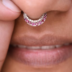 May include: A silver septum ring with two rows of gemstones. The top row features small, clear stones, while the bottom row is adorned with vibrant, round, red gemstones. The jewelry is designed to be worn in the nose.