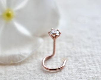 Pendiente de nariz con alambre retorcido en forma de C de diamante natural de 1,5 mm a 3 mm, pendiente de perforación de oro macizo de 14k, joyería corporal de 22 g, nuevos pendientes para bebé DDP