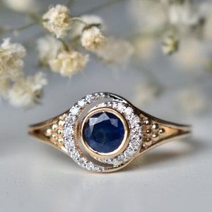 Blue Sapphire & Diamond Double Halo Engagement Ring, 14K Yellow Gold Crescent Halo Unique Proposal Ring, Birthstone Jewelry