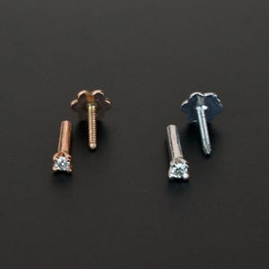14k massivt guld och naturlig diamant Labret-örhänge, invändigt gängad platt näsa, piercingsmycken bild 4