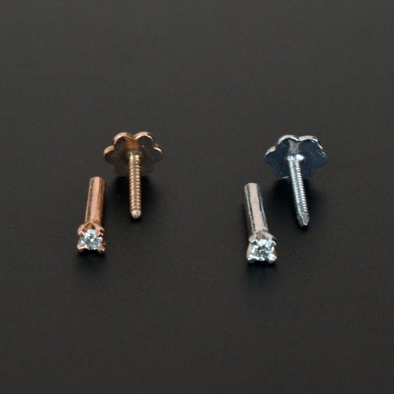 14k massivt guld och naturlig diamant Labret-örhänge, invändigt gängad platt näsa, piercingsmycken bild 4