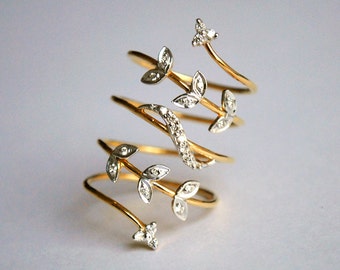 Full Finger Diamond Wrap Ring in Solid 18K Gold, Flexible Long Spiral Wire Statement Ring, Spring Ring, Unique Jewelry