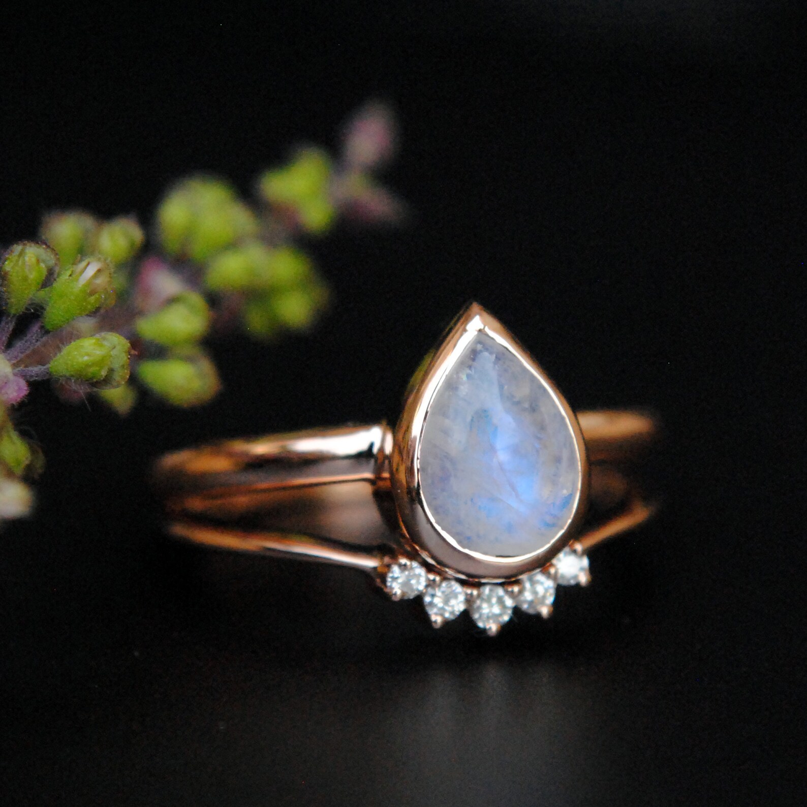 Rainbow Moonstone and Diamond Wedding Ring Set 14K Rose Gold - Etsy