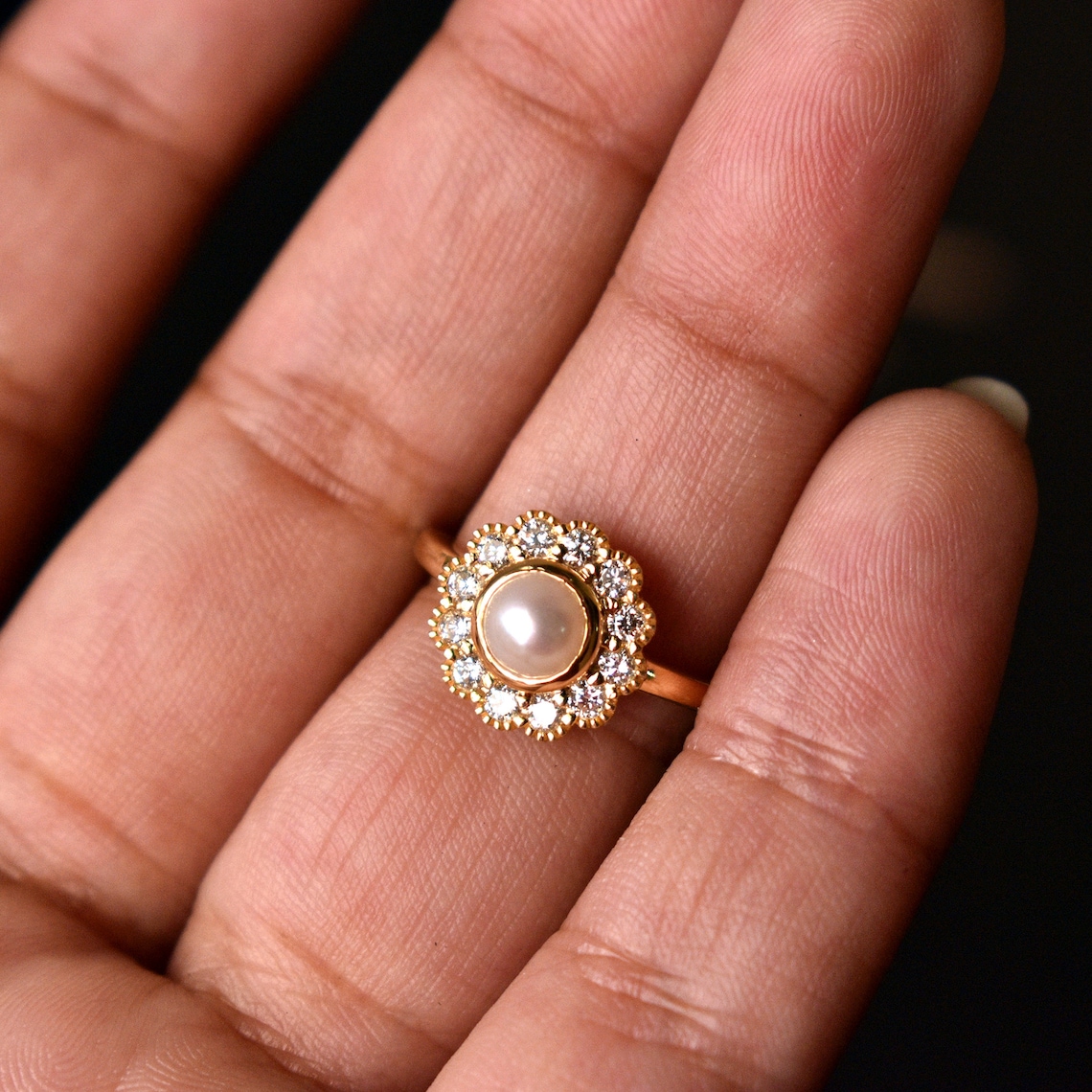 Pearl Engagement Ring with Diamond Halo in 14k Solid Gold Etsy
