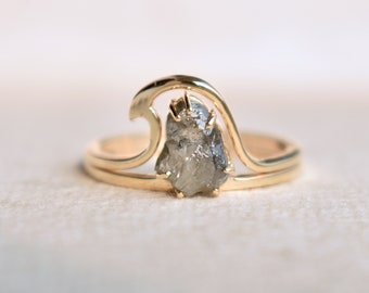 Gray Rough Diamond Wave Ring Set, 14K Solid Yellow Gold Rings, Ocean Tide Current Ring, Wave Surfer Proposal Engagement Ring, Ready to Ship