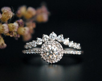 Round Diamond Engagement Ring Set in 14k White Gold Diamond Halo Ring, Curved Diamond Stack Wedding Band, Edwardian Wedding Set