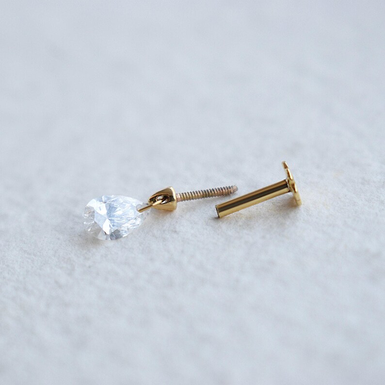 Floating Pear Natural Diamond Stud, 14k/18k Solid Gold Hidden Helix Piercing Jewelry Unique Ear Set Up image 3