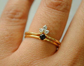 Black Diamond Engagement Ring Set with three diamond chevron, Minimal Wedding Ring Set