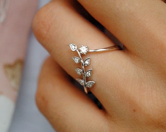 Diamond Vine Leaf Ring, Deep Chevron 14K Gold Bridal Wedding Band, Stack Leaf Vine V Band, Jewelry Gifts