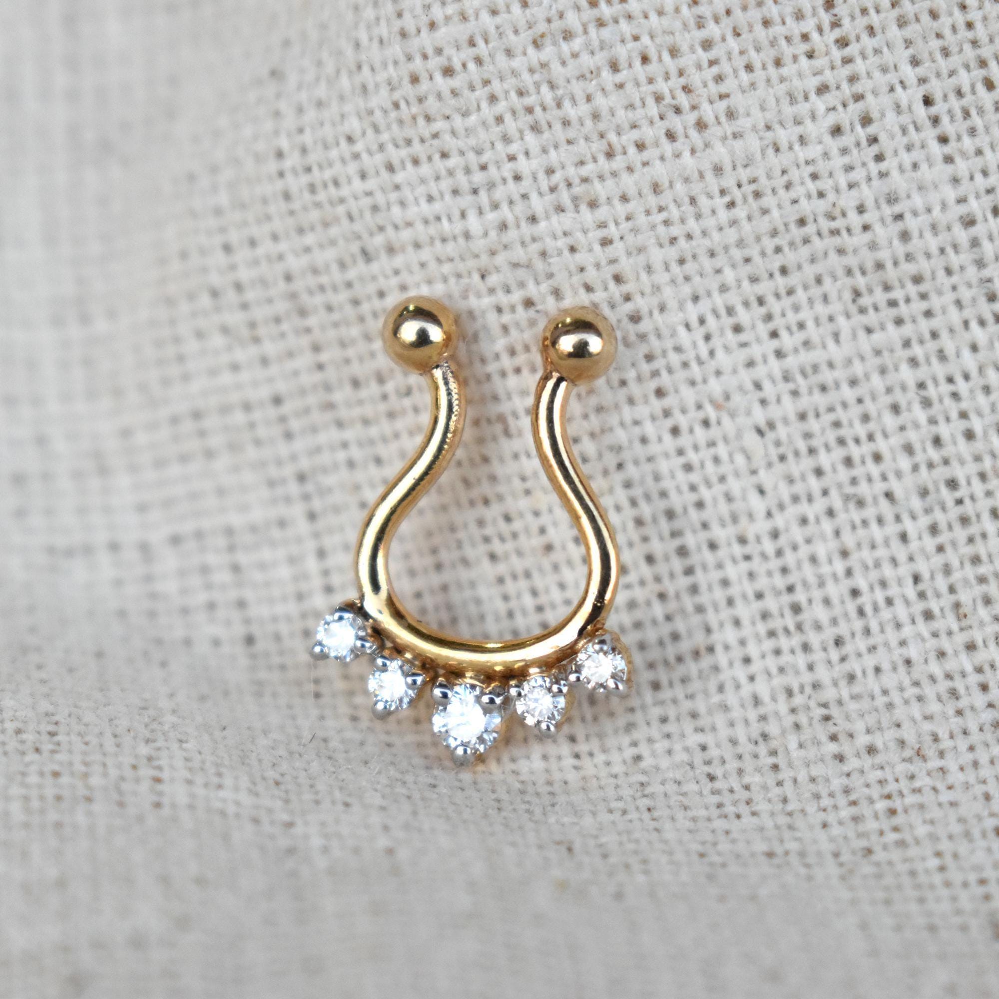 22k Solid Gold CLIP ON SEPTUM Ring, Natural Diamond Fake Septum, Faux ...
