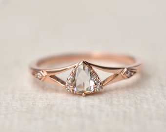 READY TO SHIP Pear Rose Cut Diamond Engagement Ring, Illusion Triangle Setting in 14K Solid Rose Gold, Unique Proposal Ring, One of a kind