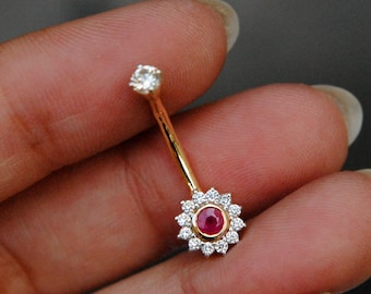 Natural Diamond and Ruby Belly Button Ring 14K Solid Gold, Floral Gold Belly Button Jewelry, Floating Navel Bar, Gifts for Her