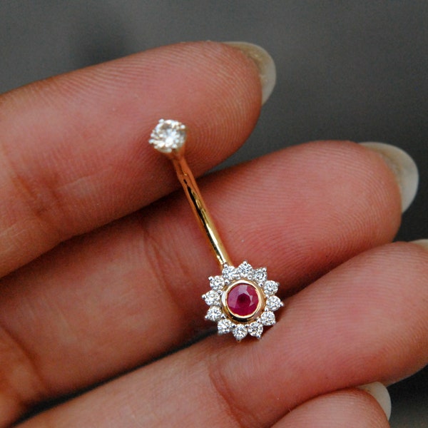 Natural Diamond and Ruby Belly Button Ring 14K Solid Gold, Floral Gold Belly Button Jewelry, Floating Navel Bar, Gifts for Her