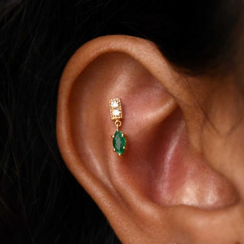 Natural Green Emerald Dangle with Diamond Bar, 14k 18k Solid Gold Small Danging Earring, Tragus Forward Helix Threaded Flatback 16g Piercing image 1