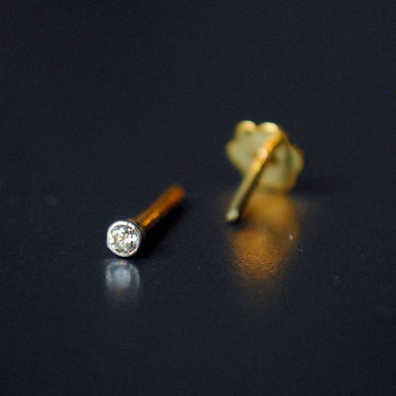 Internally Threaded Bezel Diamond Nose Stud. 14K Gold Flat Etsy