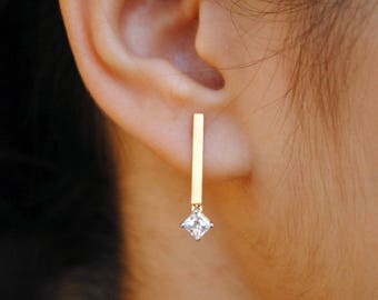 14k Solid Yellow Gold Long Bar Earrings, Princess  Diamond Minimal Dangle Earrings, READY-TO-SHIP Bridal Earrings, Mother's Day Gift