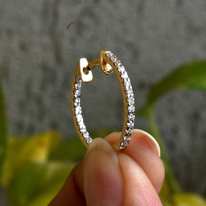 15mm Eternity Natural Diamond Hoop Earrings in 14k Solid Gold, 16g 18g Inside Out Diamond Stylish Bridal Earrings, Statement Fine Jewelry