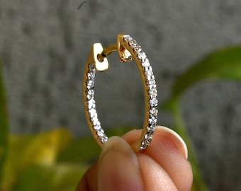 15mm Eternity Natural Diamond Hoop Earrings in 14k Solid Gold, 16g 18g Inside Out Diamond Stylish Bridal Earrings, Statement Fine Jewelry