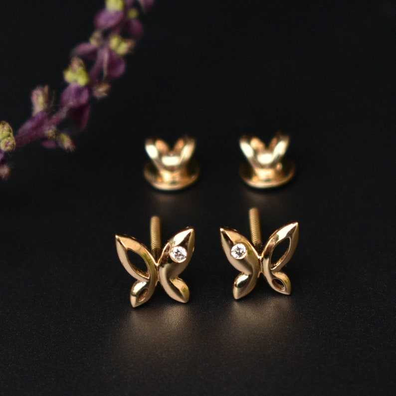14k Solid Gold Butterfly Earrings with Flush Set Natural Etsy