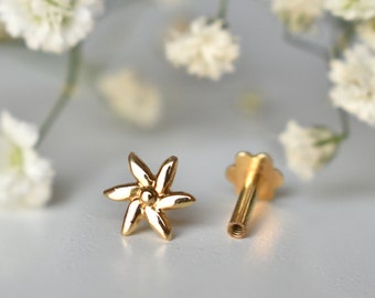14k 18K Solid Gold Flower Stud for Nose Ear Tragus Lobe Conch Cartilage Helix Flat Tiny Piercing, Threaded Flatback Pin 16g