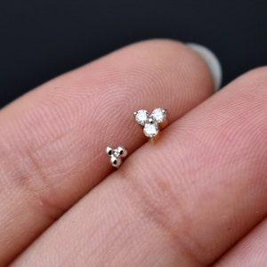 Set of 2 Genuine Diamond & 14k Solid Gold Trinity Stud Ear Nose Tragus Pin Studs, Trinity Earrings, 16g Flatback Pin