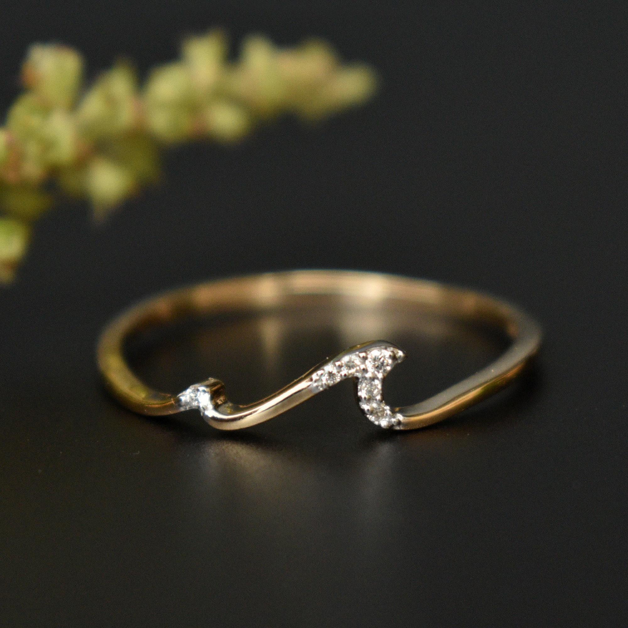 Diamond Wave Ring, 14K 18K Solid Gold Tide Current Band, Wave 