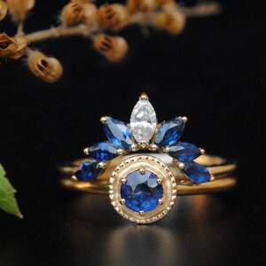 Blue Sapphire Engagement Ring with Sapphire and Diamond Curved Bridal Stack Ring Set image 6