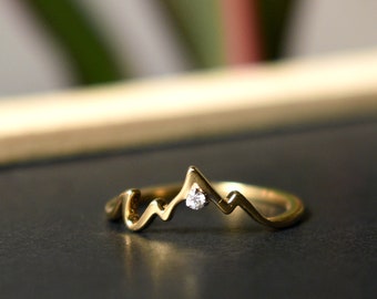 Mountain Range Silhouette Ring, 14K 18K Solid Gold Diamond