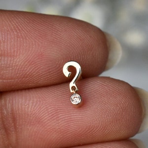 Pendiente de perforación con signo de interrogación, pendiente de oro macizo de 14 k y 18 k, diamante natural diminuto con gramática y puntuación, pendiente con símbolo de interrogación