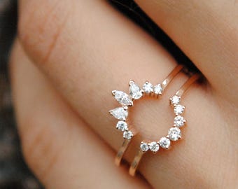 Diamond Ring Guard Enhancer for Round Solitaire Ring,14K 18K Gold Marquise PearDiamond Halo Ring Enhancer,Bridal Stack Wedding RingBands DDP